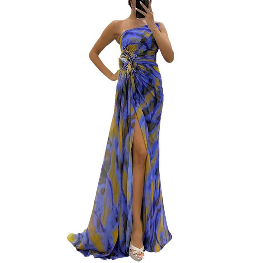 Robe fendue à imprimé floral pour femme - Robe de soirée décontractée