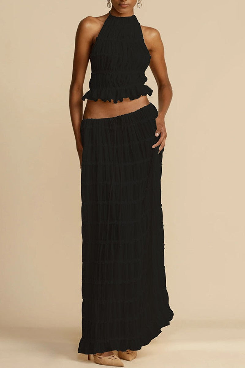 Sexy Backless Halter Pleated Lace Long Suits