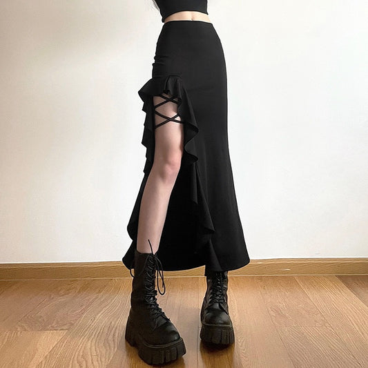 Summer Wear Irregular Wooden Ear Side Slit Black Skirts