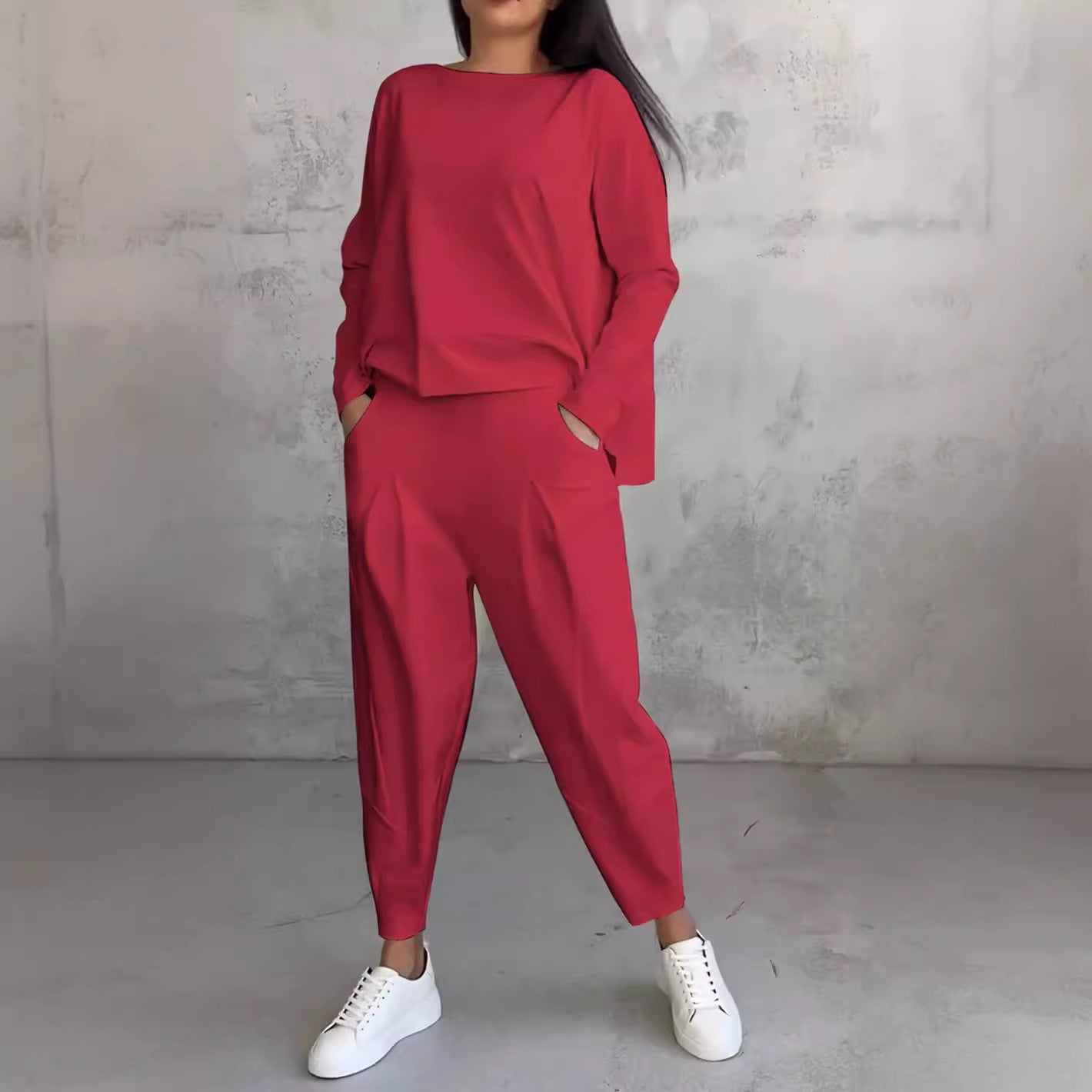 Women's Solid Color Round Neck Pocket Trousers Suits