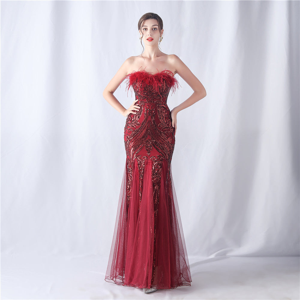 Positioning Flower Cutting Tube Sequin Gauze Evening Dresses