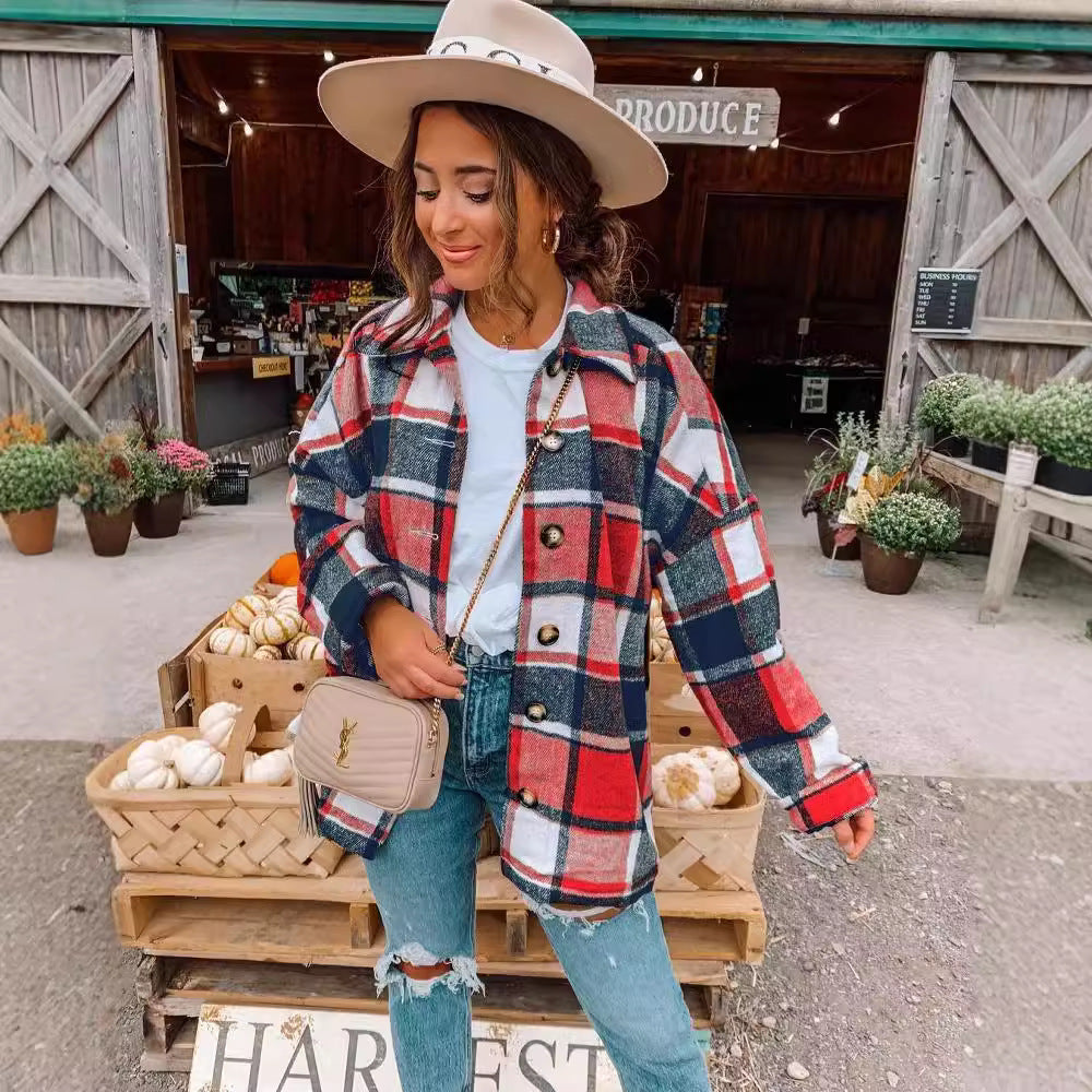 Women's Temperament Long Sleeve Lapel Loose Plaid Coats