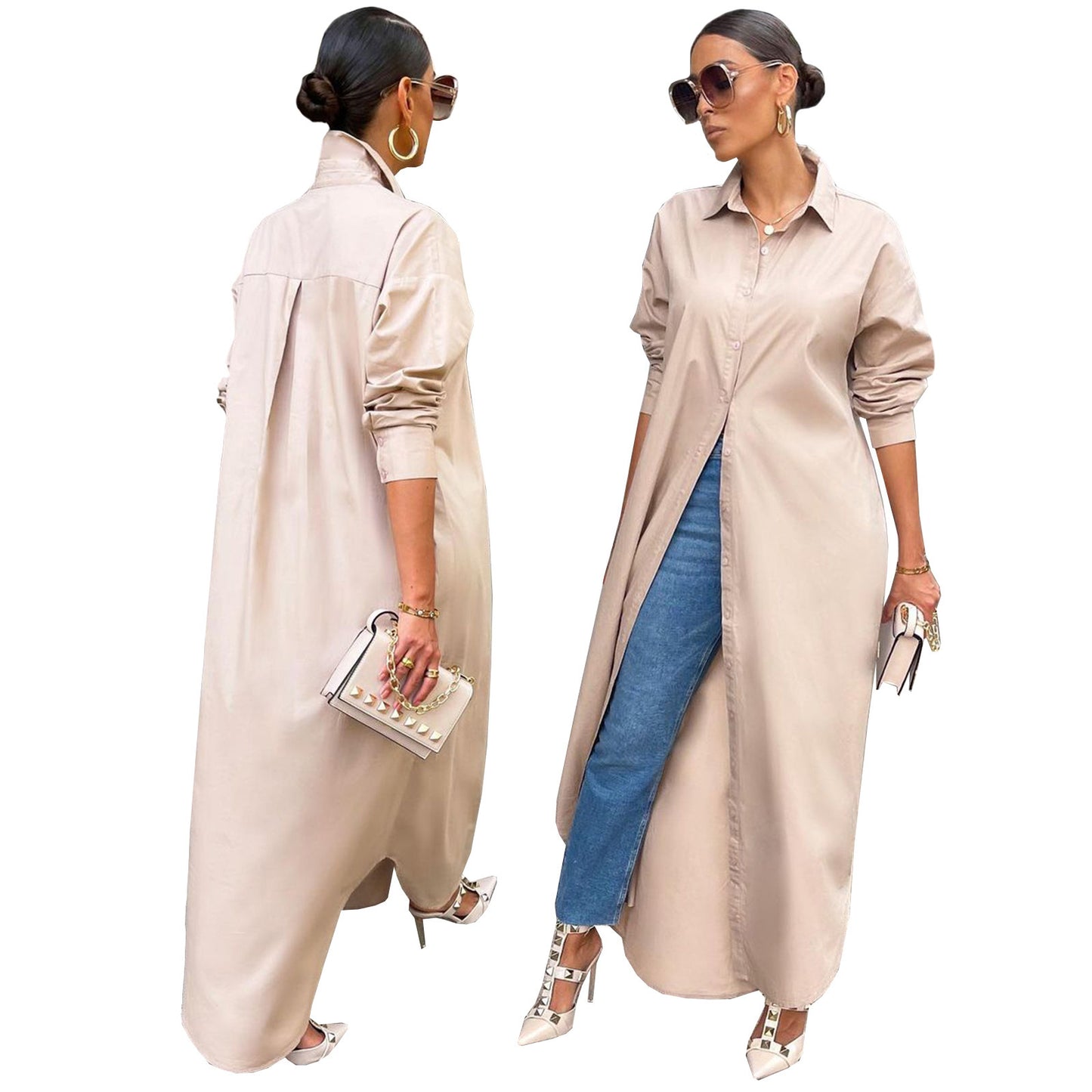 Women's Fashion Casual Solid Color Long Shirt Blouses