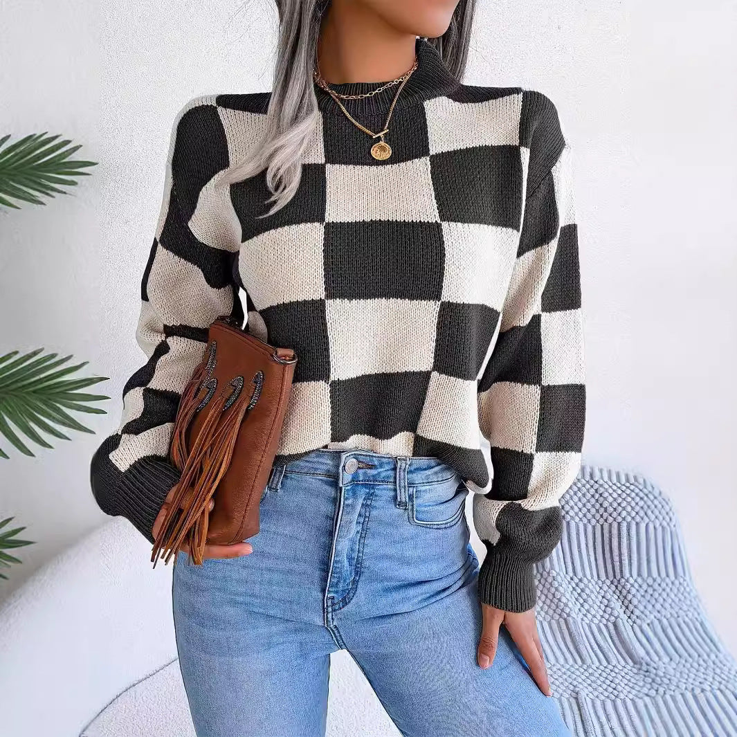 Women's Casual Plaid Long-sleeved Autumn Pullover Crew Knitwear