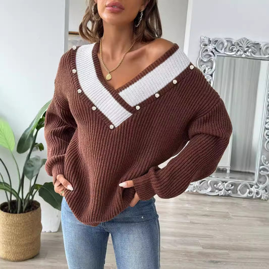 Pulls larges en patchwork de couleurs contrastées avec perles pour femmes