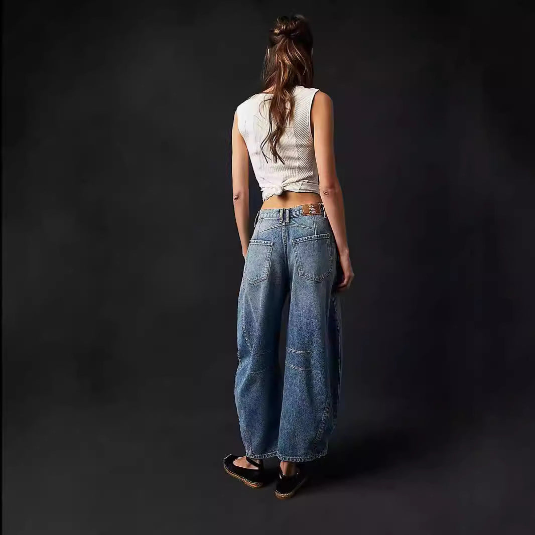 Women's Loose Waist Washed Denim Trousers For Jeans