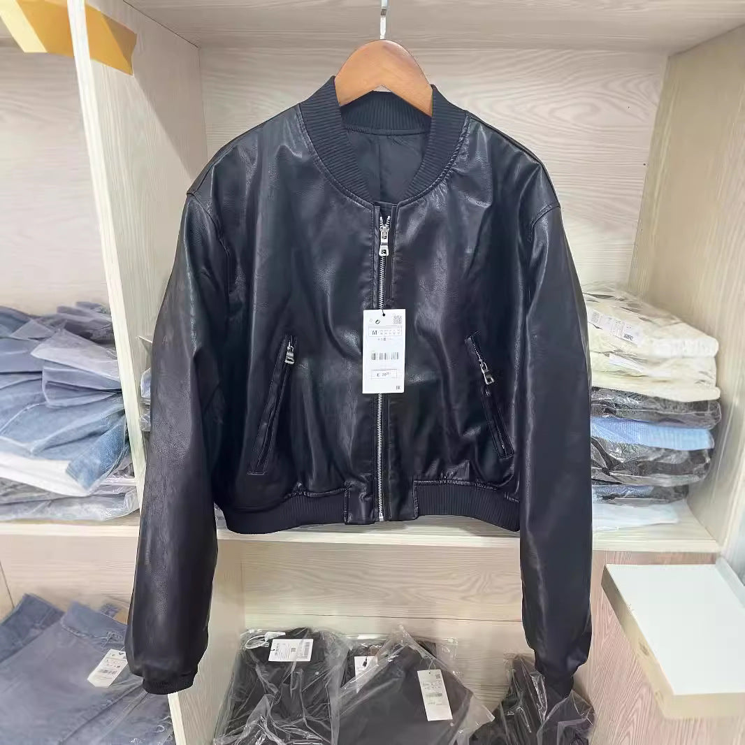 Women's Autumn American Stand Collar Faux Leather Jackets