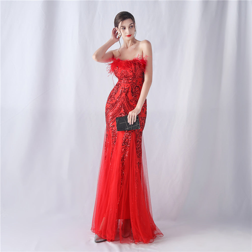 Positioning Flower Cutting Tube Sequin Gauze Evening Dresses