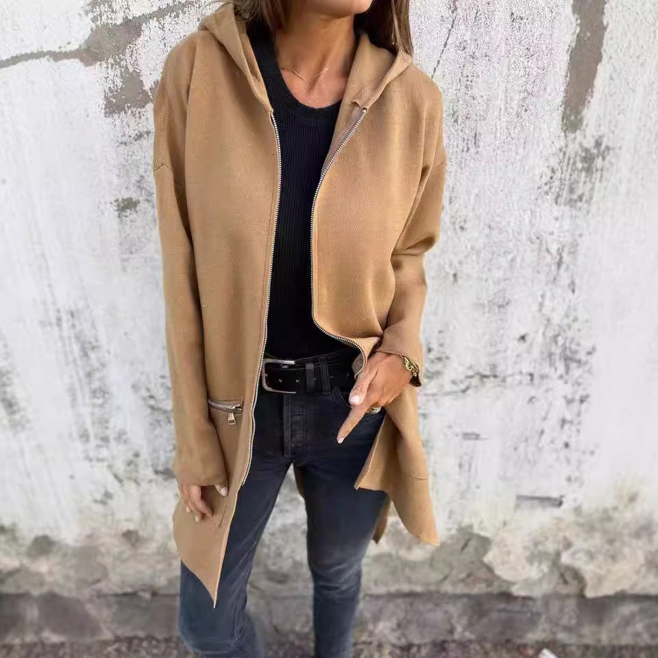 Comfortable Stylish Color Casual Zipper Hooded Coats