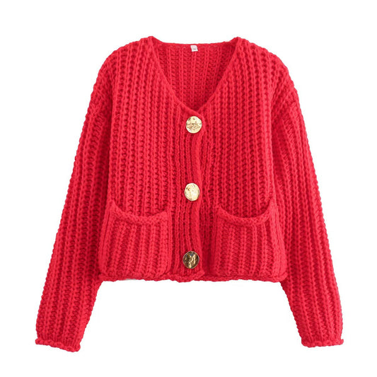 Women's Solid Color Single Row Round Buckle Knitwear