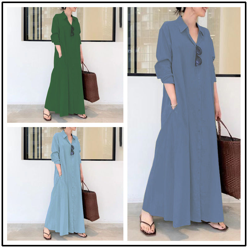 Cotton Linen Solid Color Lapel Long Sleeve Pocket Simple Dresses