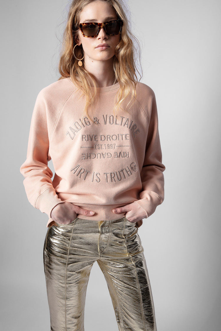 Pulls en coton rose brodés classiques pour femmes de la minorité française d'automne