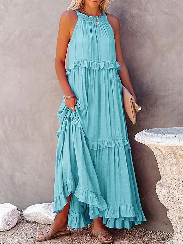 Women's Summer Vacation Style Ruffled Long Dress Wide Hem Dresses