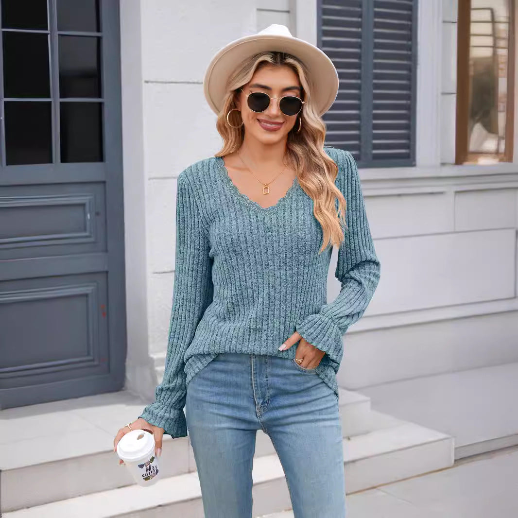 Solid Color Rib Fabric Brushed Casual Lace Long-sleeved Knitwear