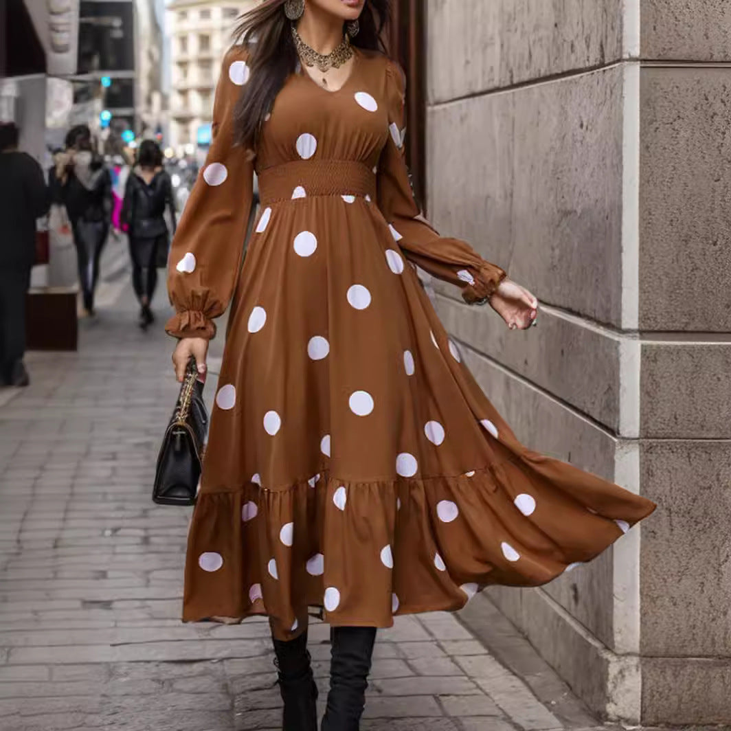 Women's Polka Dot Printed Long Sleeve Big Dresses