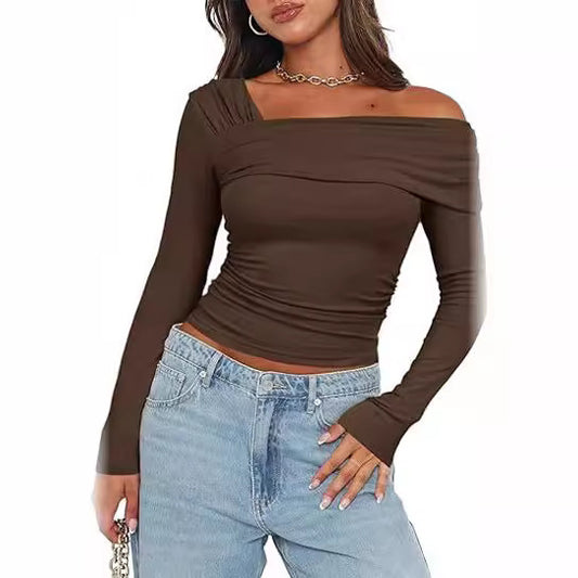 Women's One Shoulder Long-sleeved Shirt Pleated Going Blouses