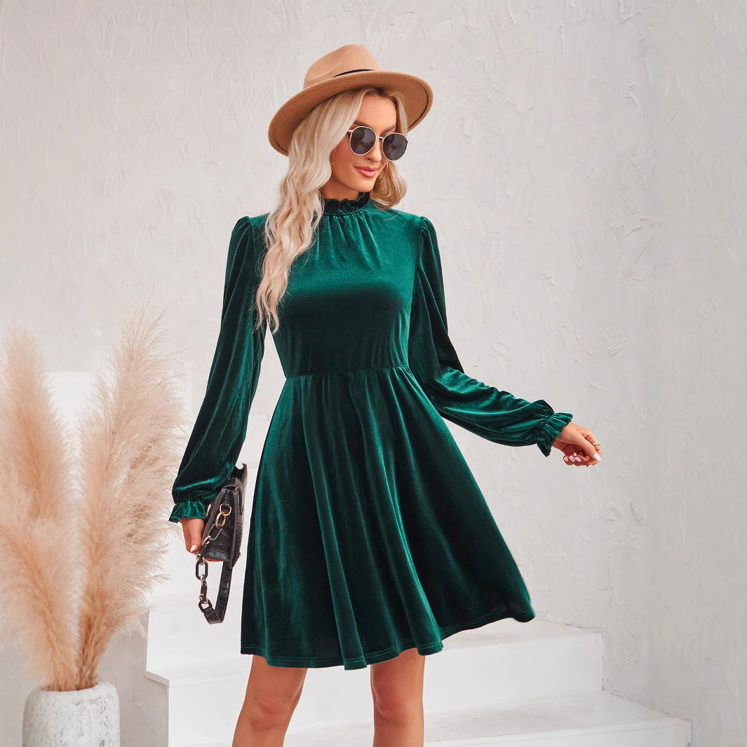 Women's Winter Casual Turtleneck Veet Solid Color Waist Dresses