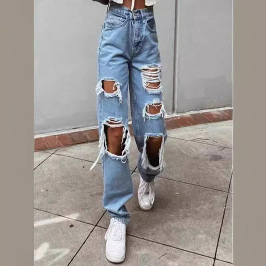 Women's Cutting Broken Thin Material Wide Leg Jeans