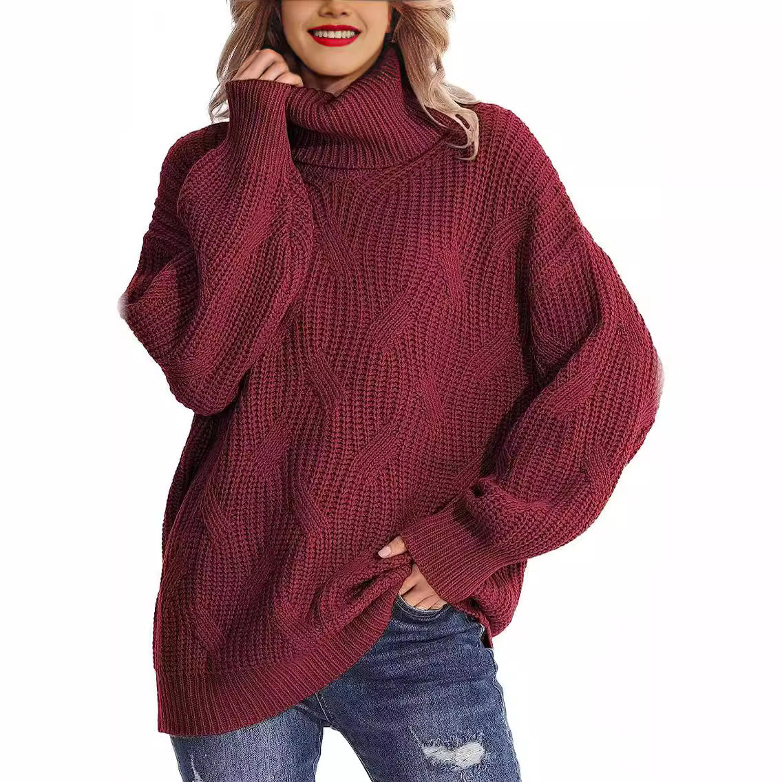 Women's Loose High Collar Twisted Knitted Pullover Sweaters