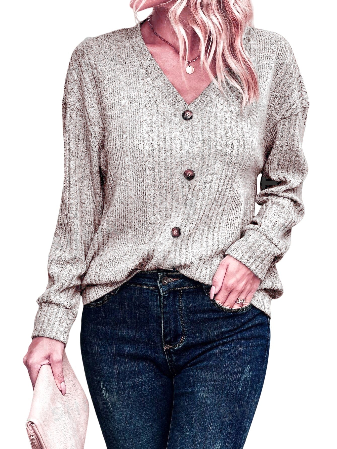 Women's Knitted Button Casual Long-sleeved Loose T-shirt Knitwear