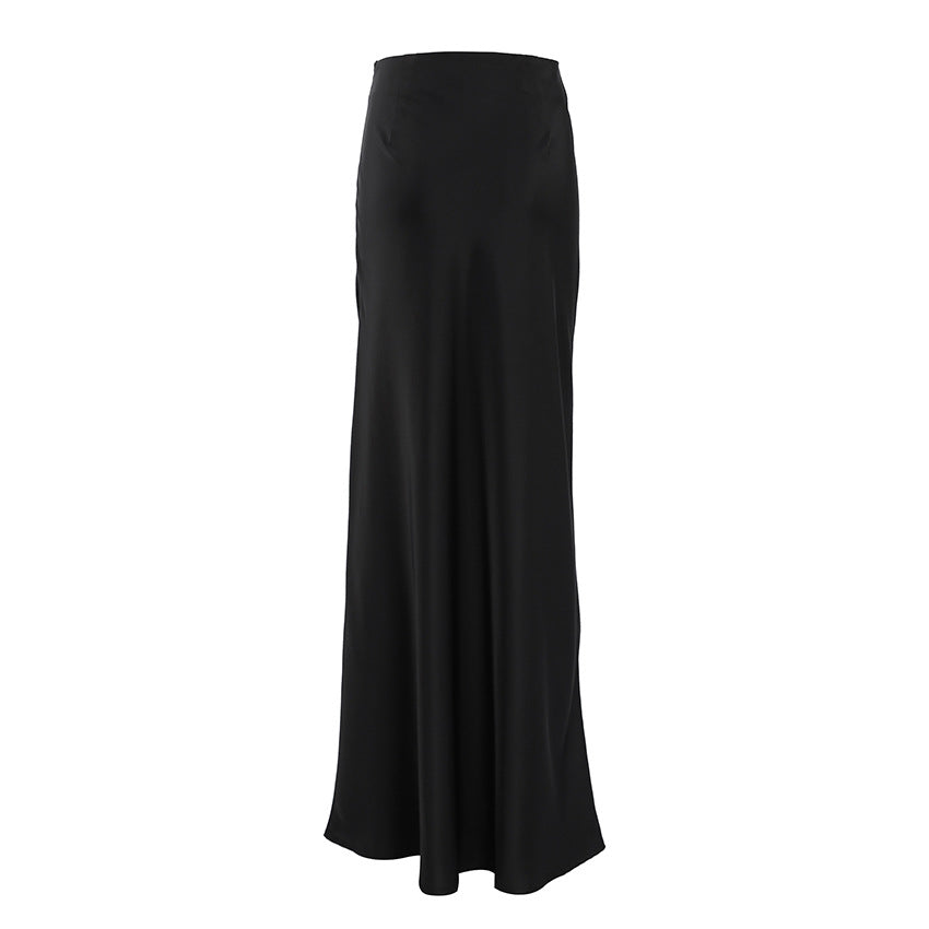 Women's Acetate Satin Black French Commuter Drape Skirts