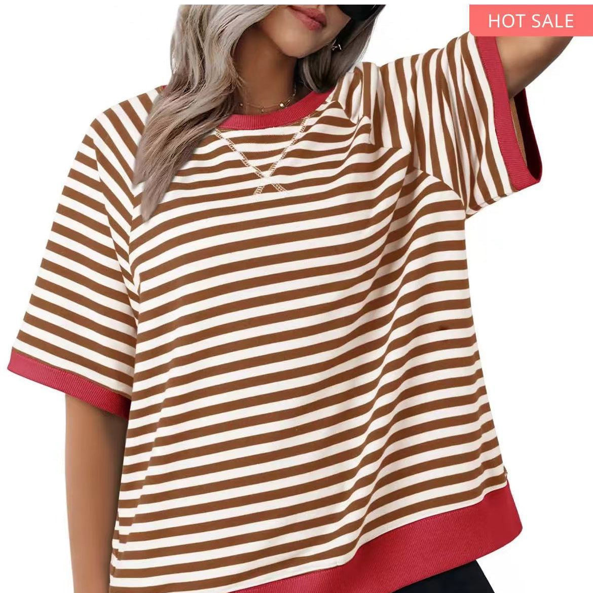 Casual Striped Loose T-shirt With Thread Blouses