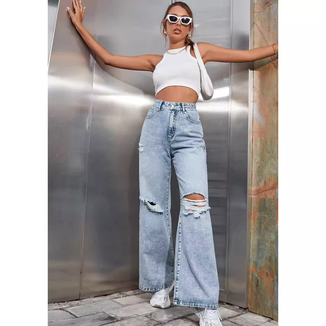 Women's Fashion Holes High Waist Wide Leg Casual Jeans