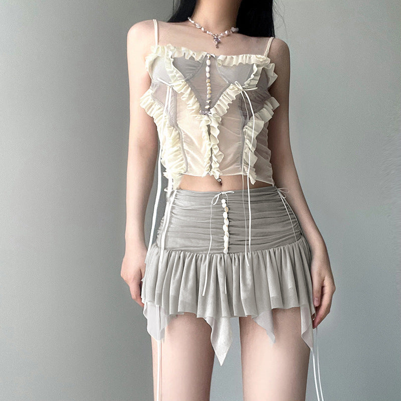 Ballet Style Mesh Split Three-dimensional Gradient Tops