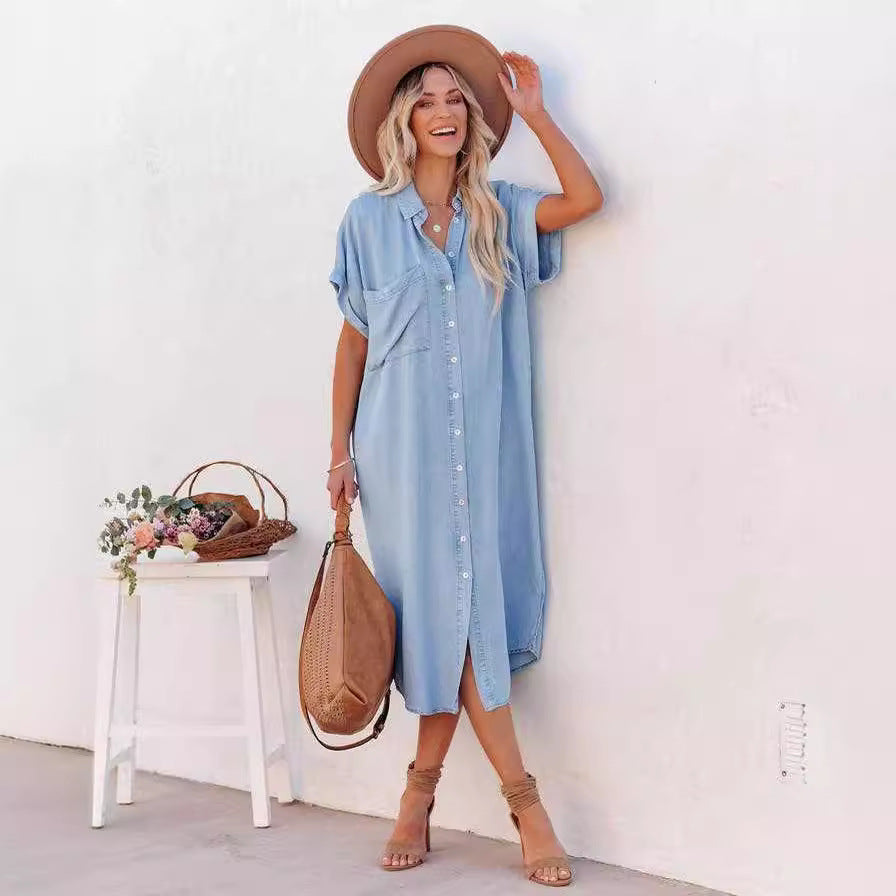 Fashion Solid Color Denim Sleeve Long Dresses