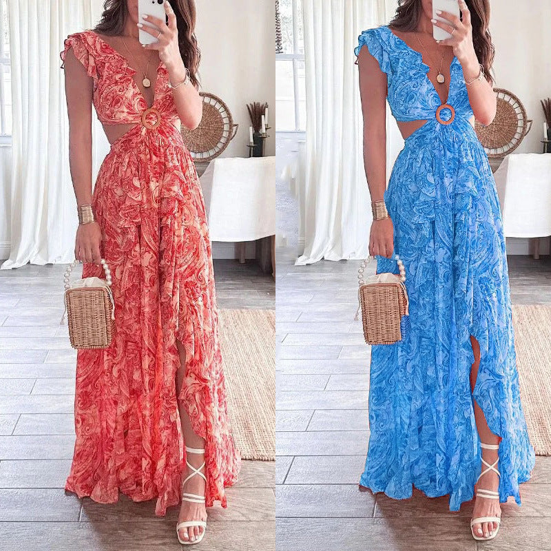 Women's Deep V Sexy Midriff Outfit Long Dresses