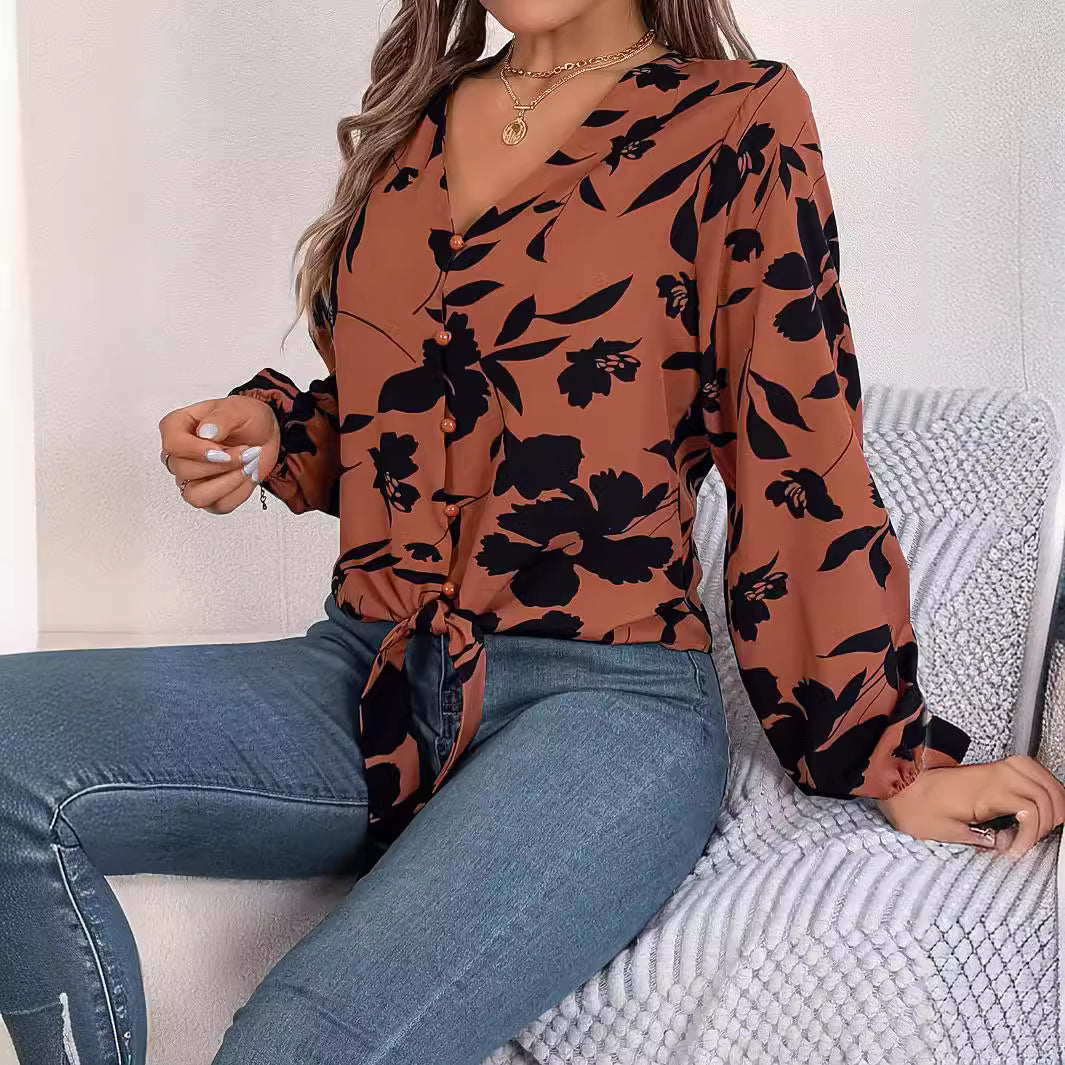 Women's Casual Contrast Color Flower Lantern Sleeve Blouses