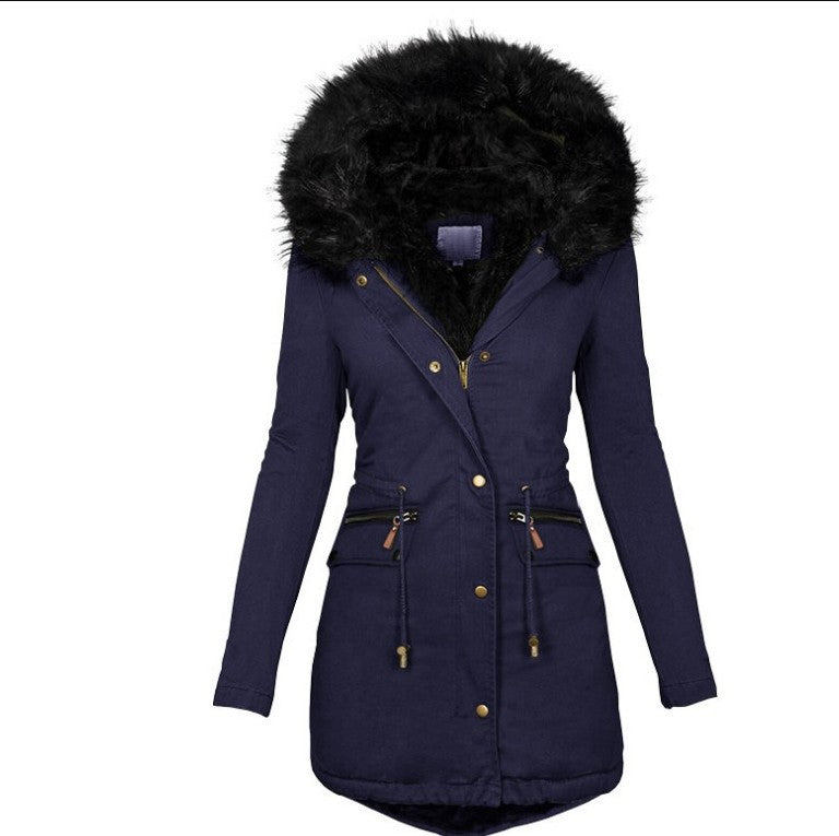 Women's Solid Color Fur Collar Hood Mid-length Coats