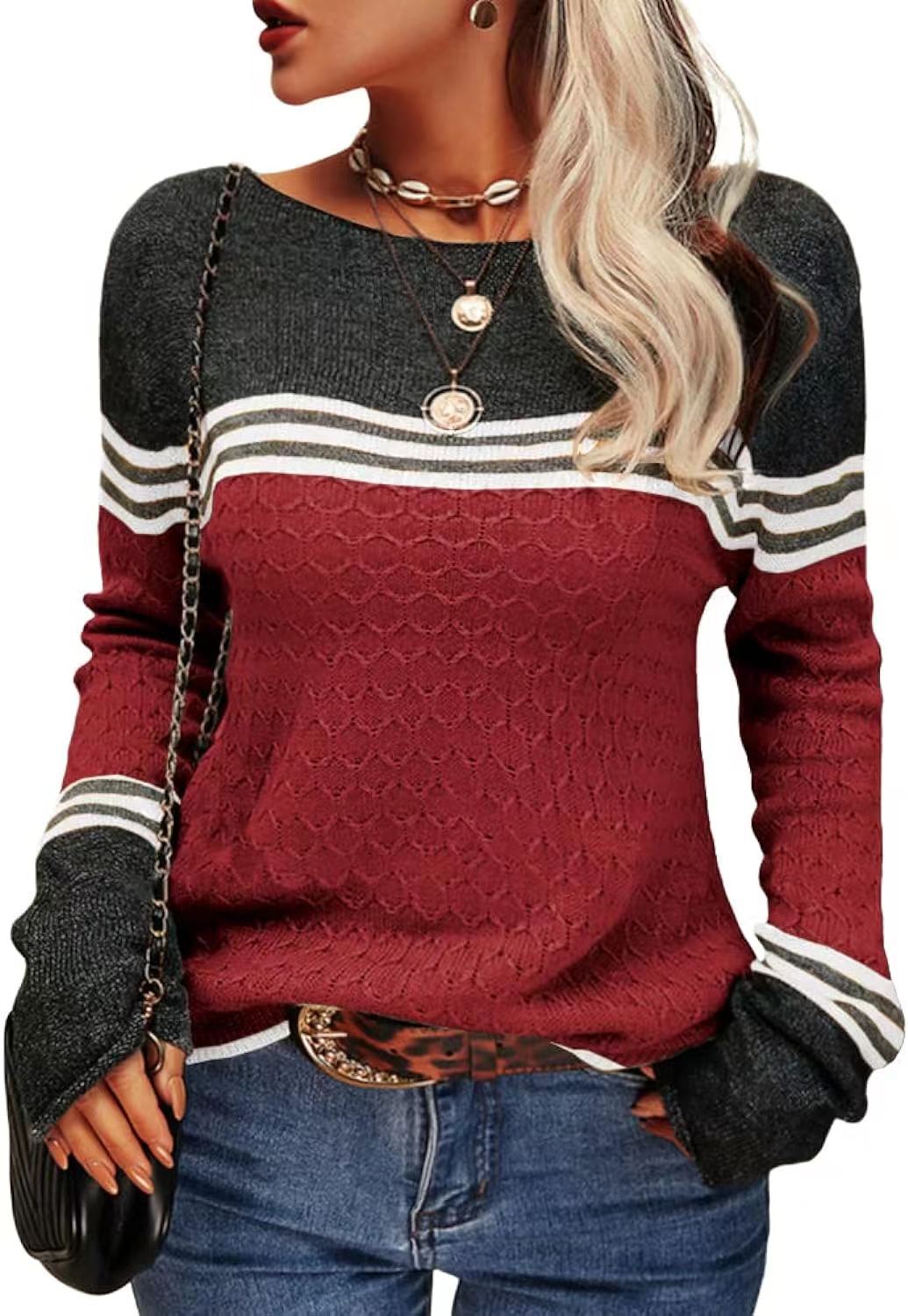 Women's Crocheted Long-sleeved Striped Crew Neck Knitted Sweaters