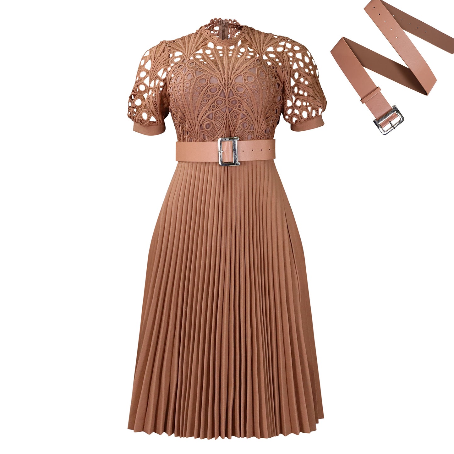 Women's Short-sleeved Lace Stitching Pleated African Dress Skirts