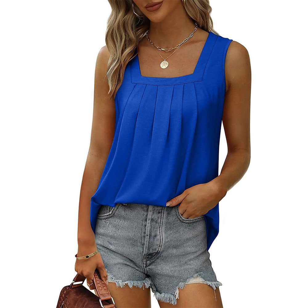 Women's Pleated Square Collar Sleeveless Dovetail T-shirt Tops