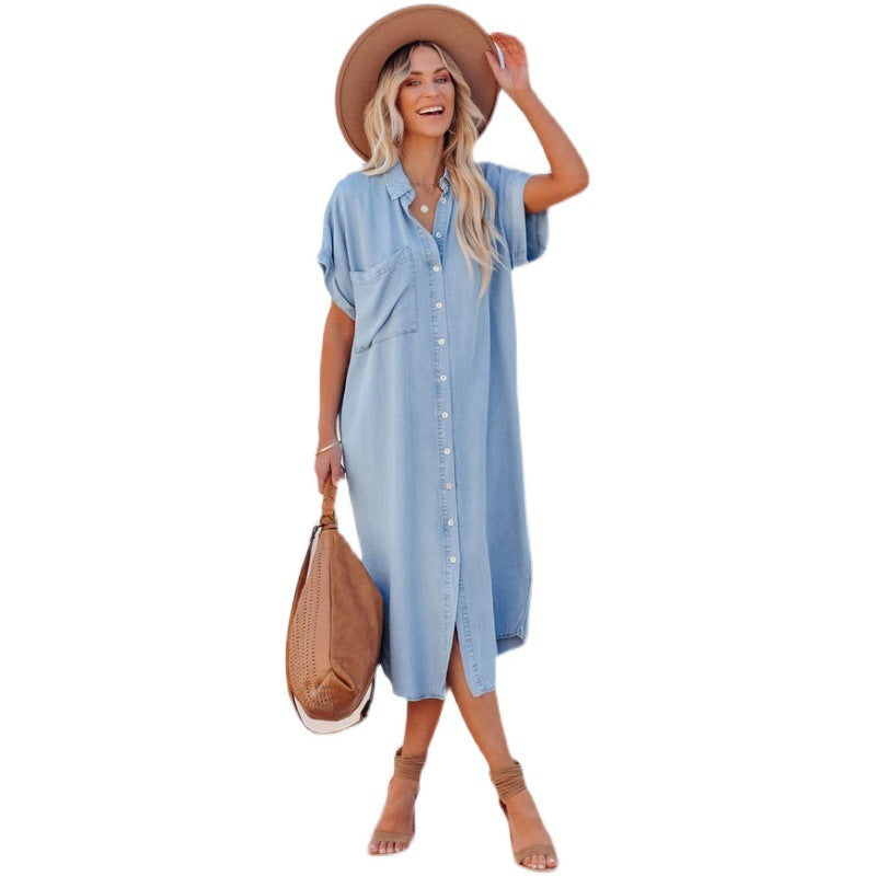 Fashion Solid Color Denim Sleeve Long Dresses