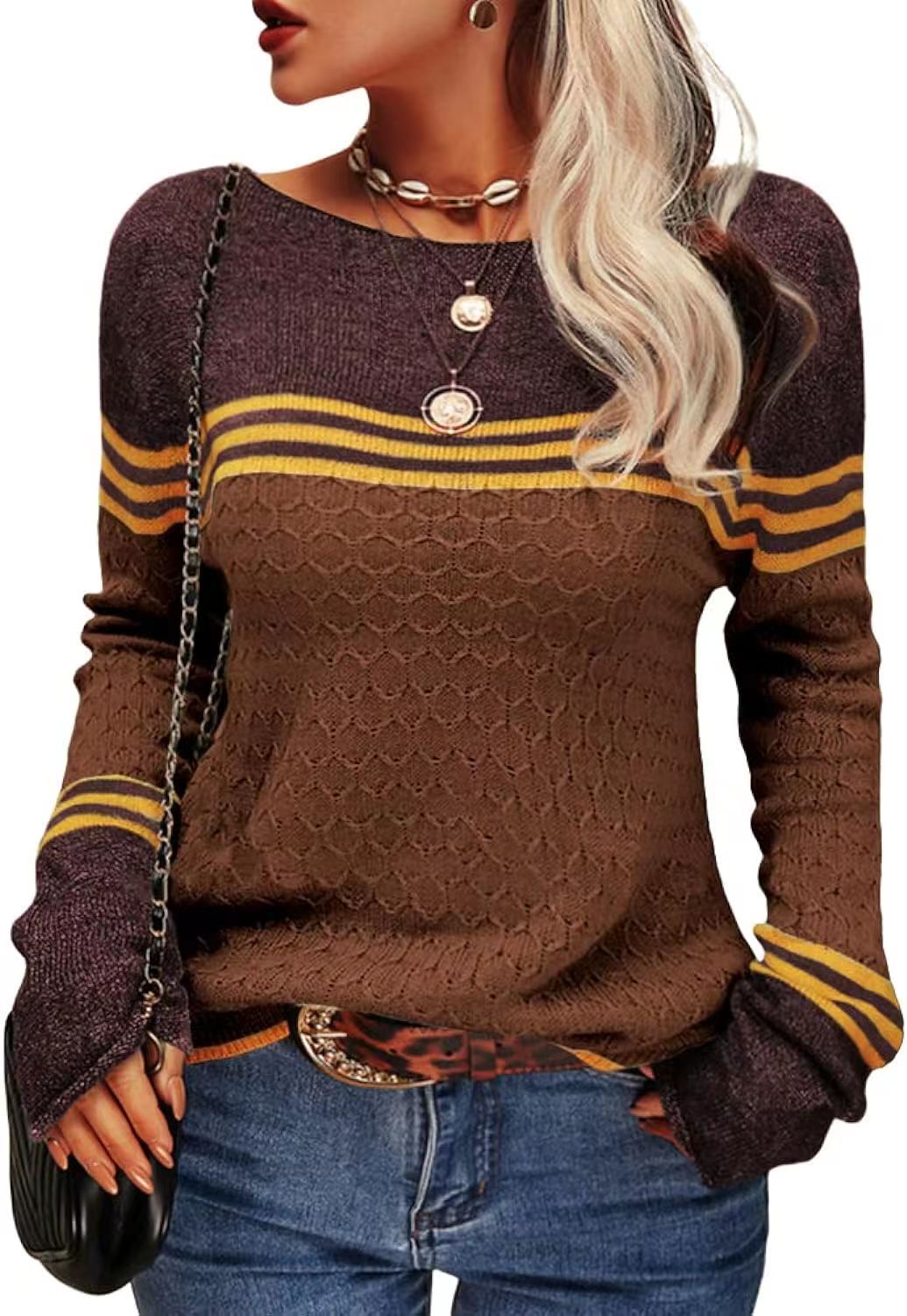 Women's Crocheted Long-sleeved Striped Crew Neck Knitted Sweaters