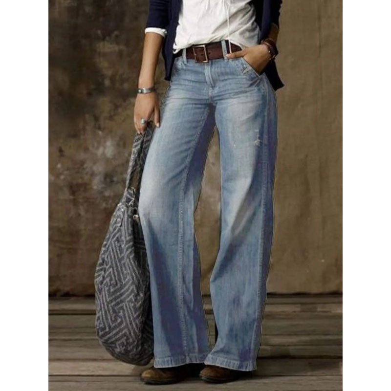 Women's Retro Fashion Casual Straight Wide Leg Jeans