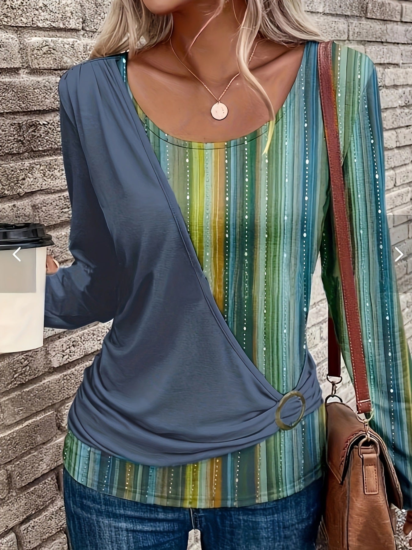 Women's Round Neck Solid Color Stitching Printing Blouses