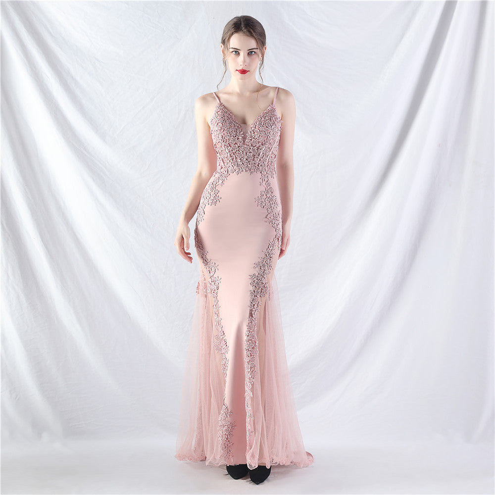 Lace Hot Rhinestone Fishbone Tight Waist Evening Dresses