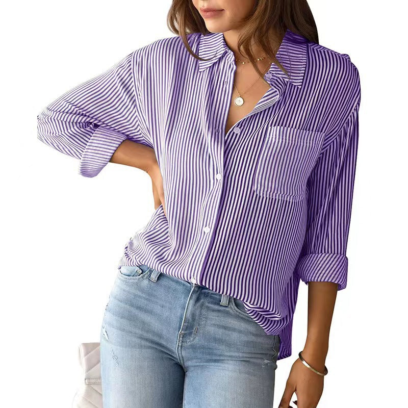 Women's For With Pocket Loose Striped Classic Long Blouses