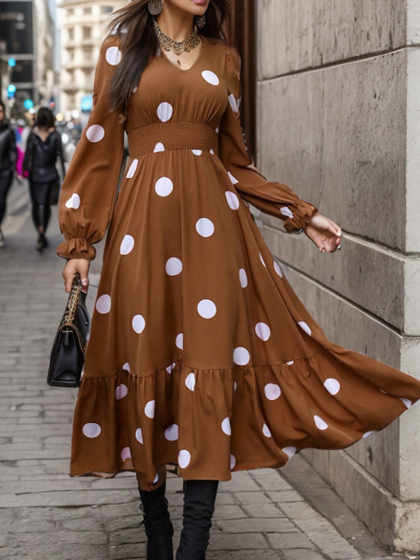 Women's Polka Dot Printed Long Sleeve Big Dresses