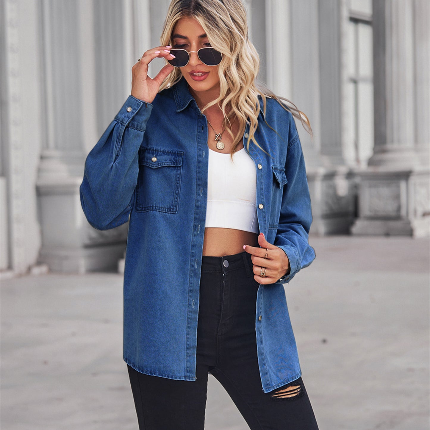 Women's Light Color Figure Flattering Thin Denim Long Sleeve Blouses