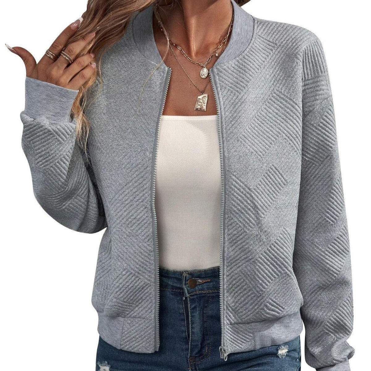 Women's Fashion Solid Color Zipper Baseball Collar Jackets