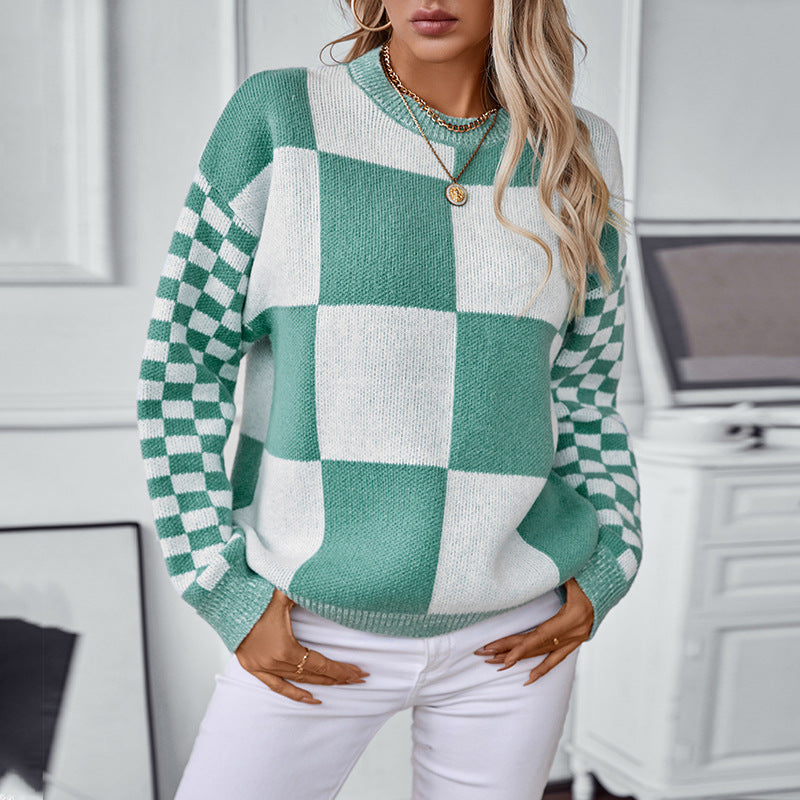 Women's Contrast Color Check Pullover Knitted Fashionable Sweaters