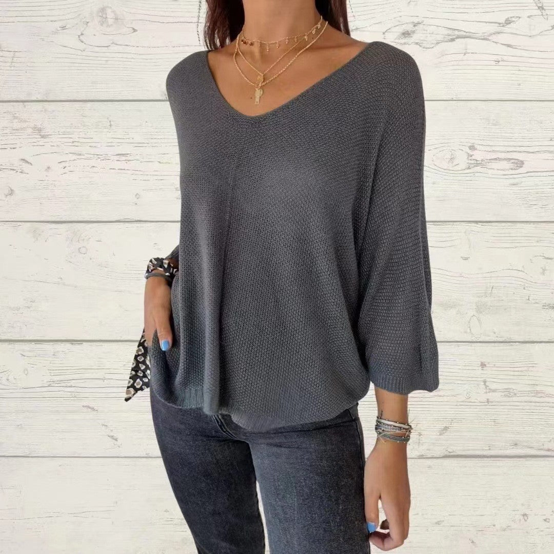 Women's Color Loose Three-quarter Sleeve Batwing Shirt Knitwear