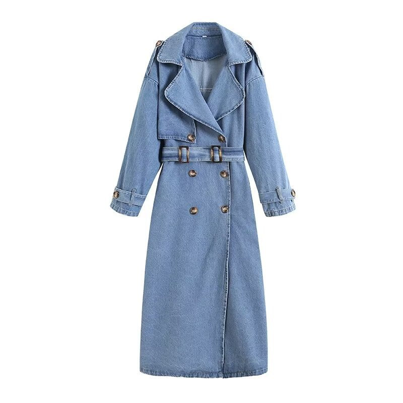 Women's Loose Double-breasted With Belt Denim Trench Coats