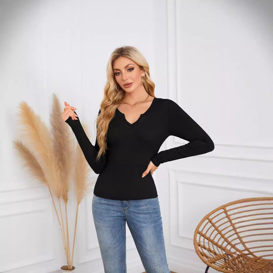 Women's Sunken Stripe Deep Crisscross Neckline Long-sleeved Tops