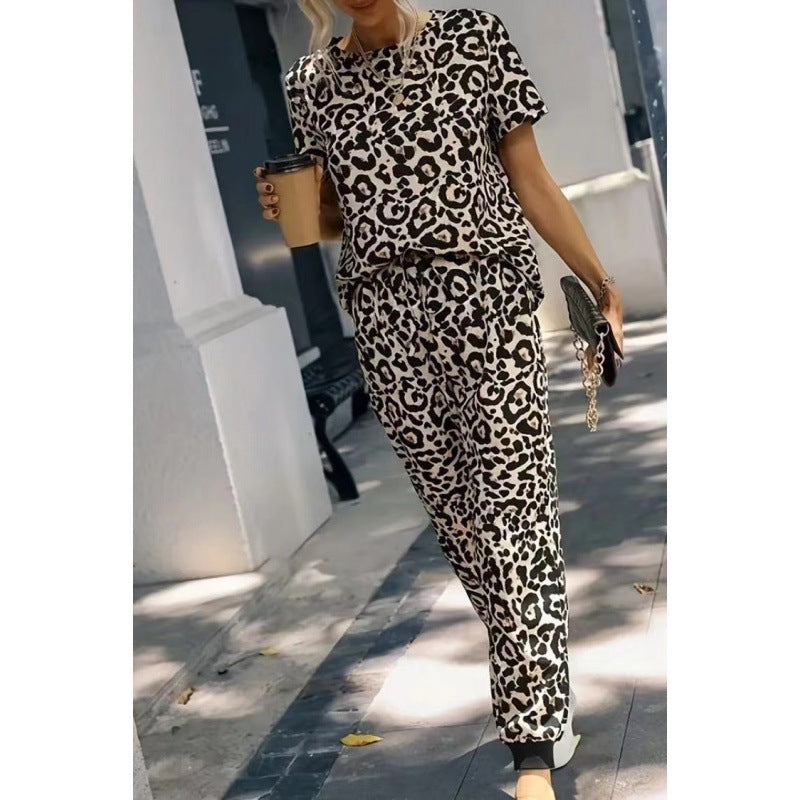 Women's Summer Leopard Print Round Neck Sleeve Suits