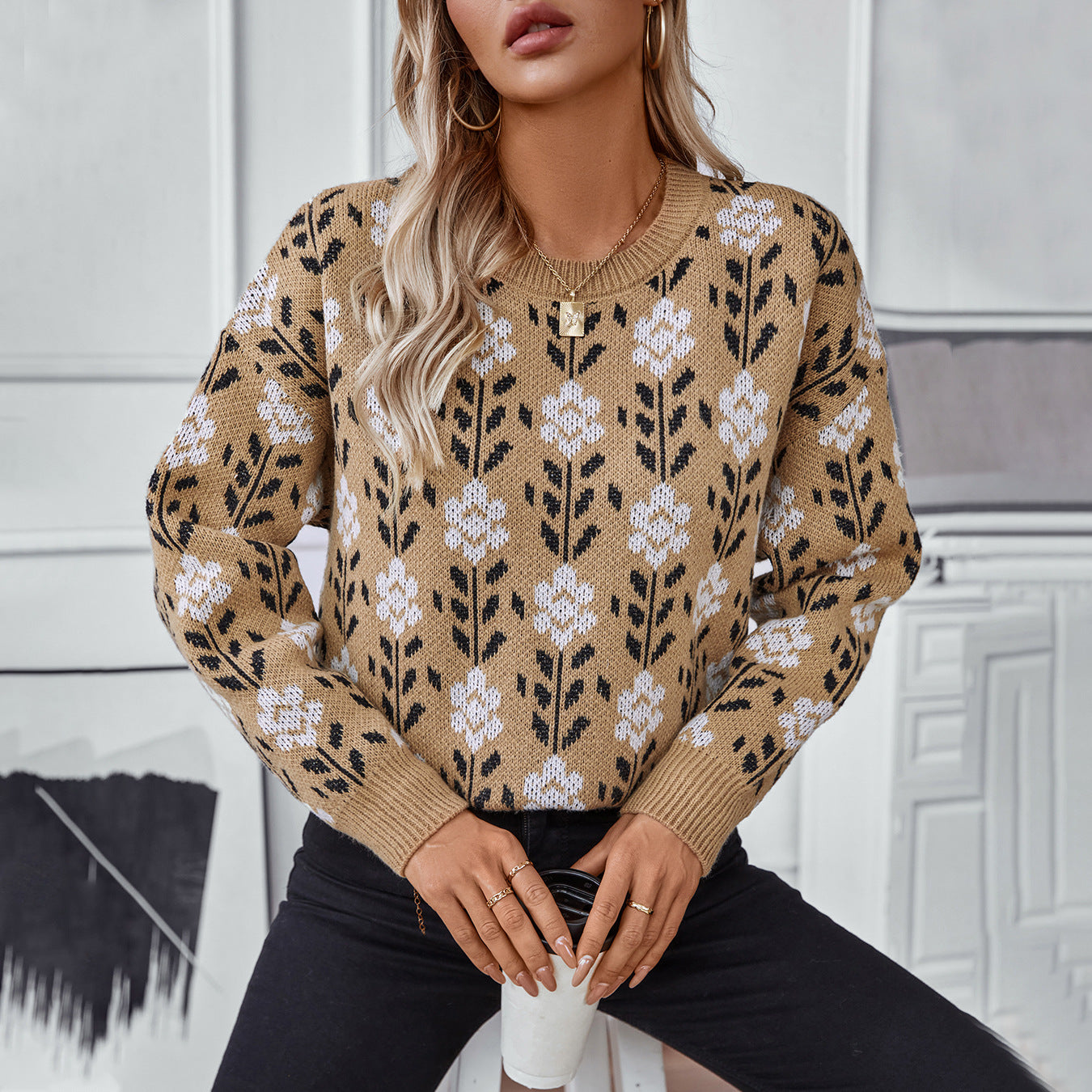 Pull jacquard fleuri pour femme, pull à manches longues tendance